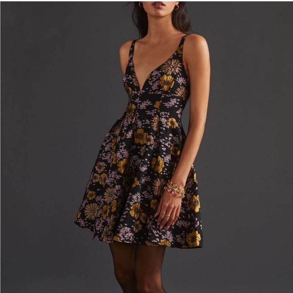 Anthropologie Black Dress with Gold and Pink Floral Design